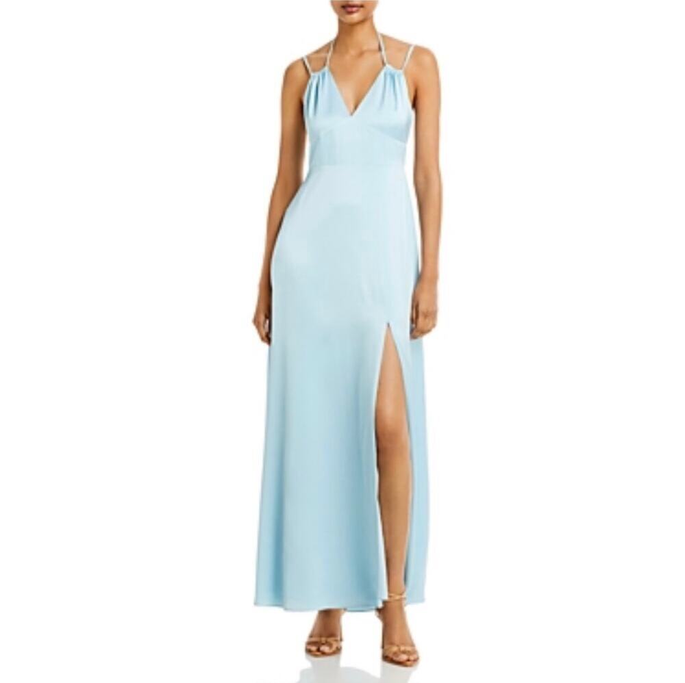 AQUA Blue Evening Gown Satin Cutout Tie Back Formal Long Column Dress Size 4
